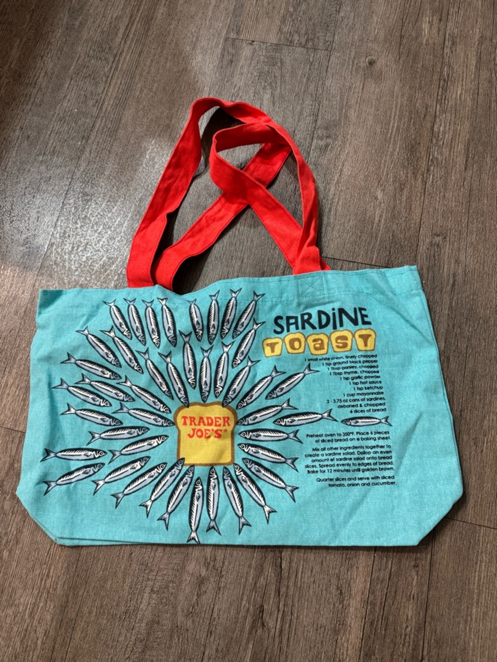Trader Joe's Sardines Canvas Tote Bag in Aqua with Red Handles - Picture 2 of 2